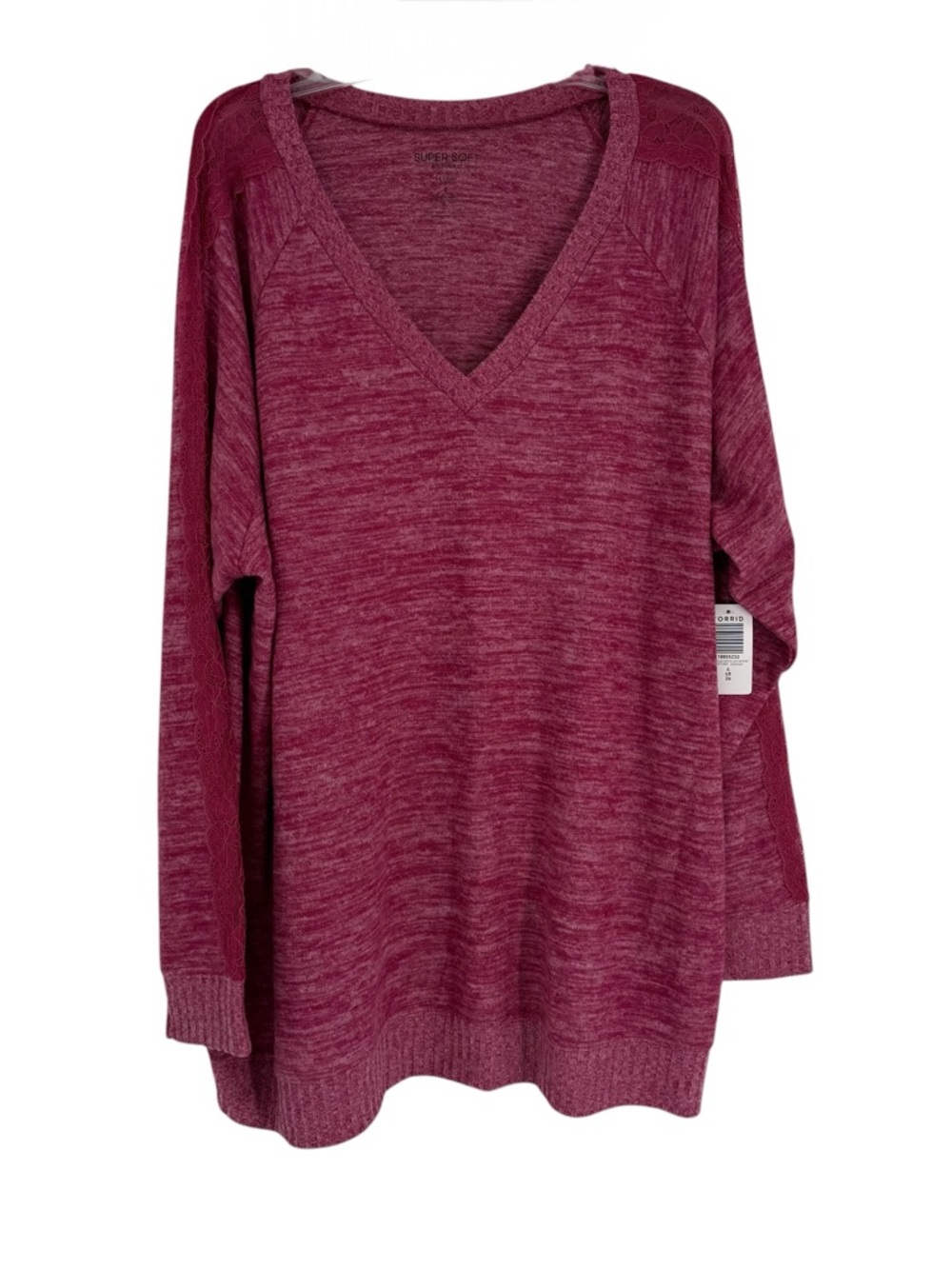 Torrid NWT Super Soft V Neck Lace Sleeve Sweater Pink Heathered Plus Size 4X